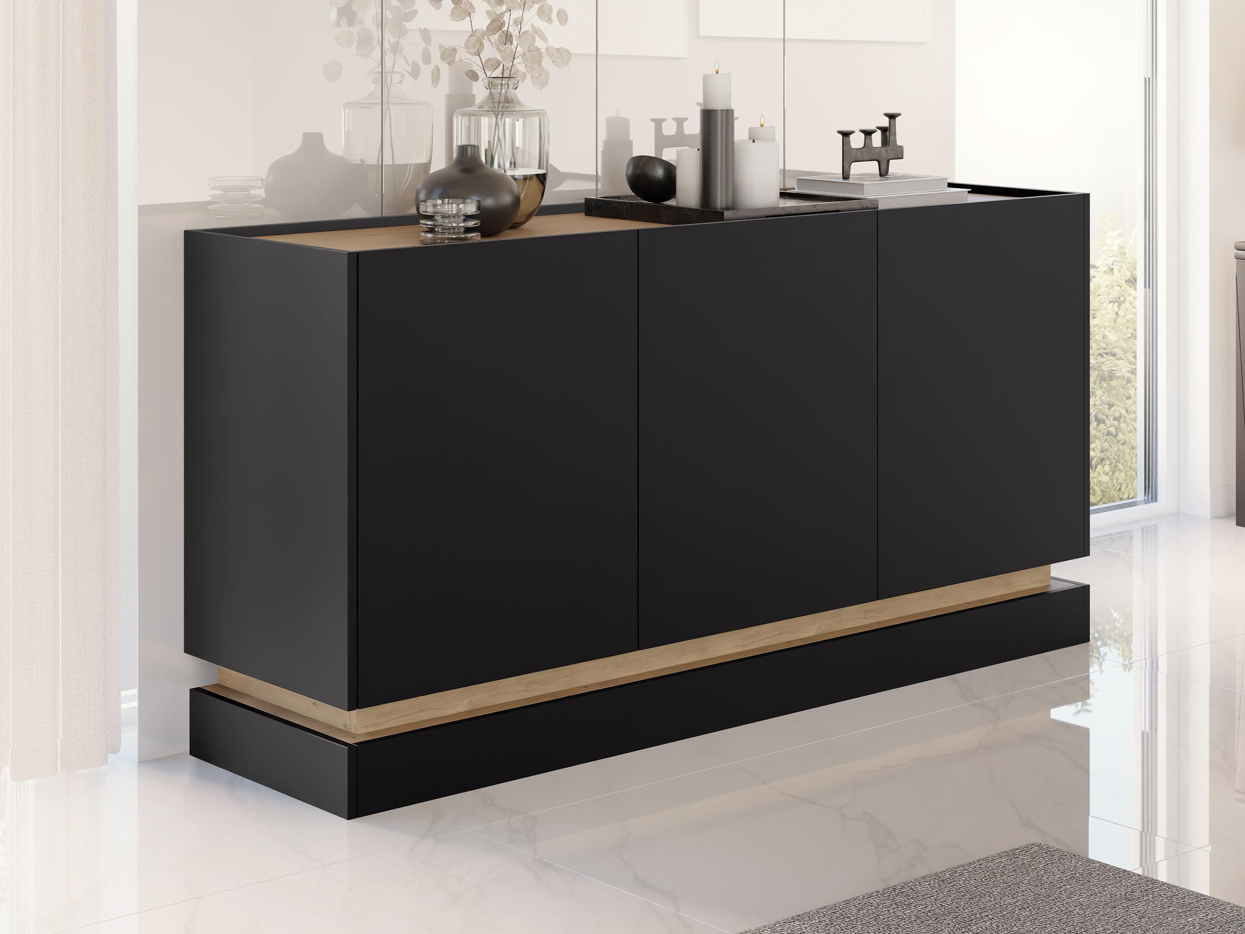 Mirjan24 Sideboard Zarpant K160 3D mit 3 Türen (Schwarz) | Griffloses Sideboard mit Soft-Close-Scharnieren und 6 Innenfächern für Geschirr, Deko und Wohnaccessoires