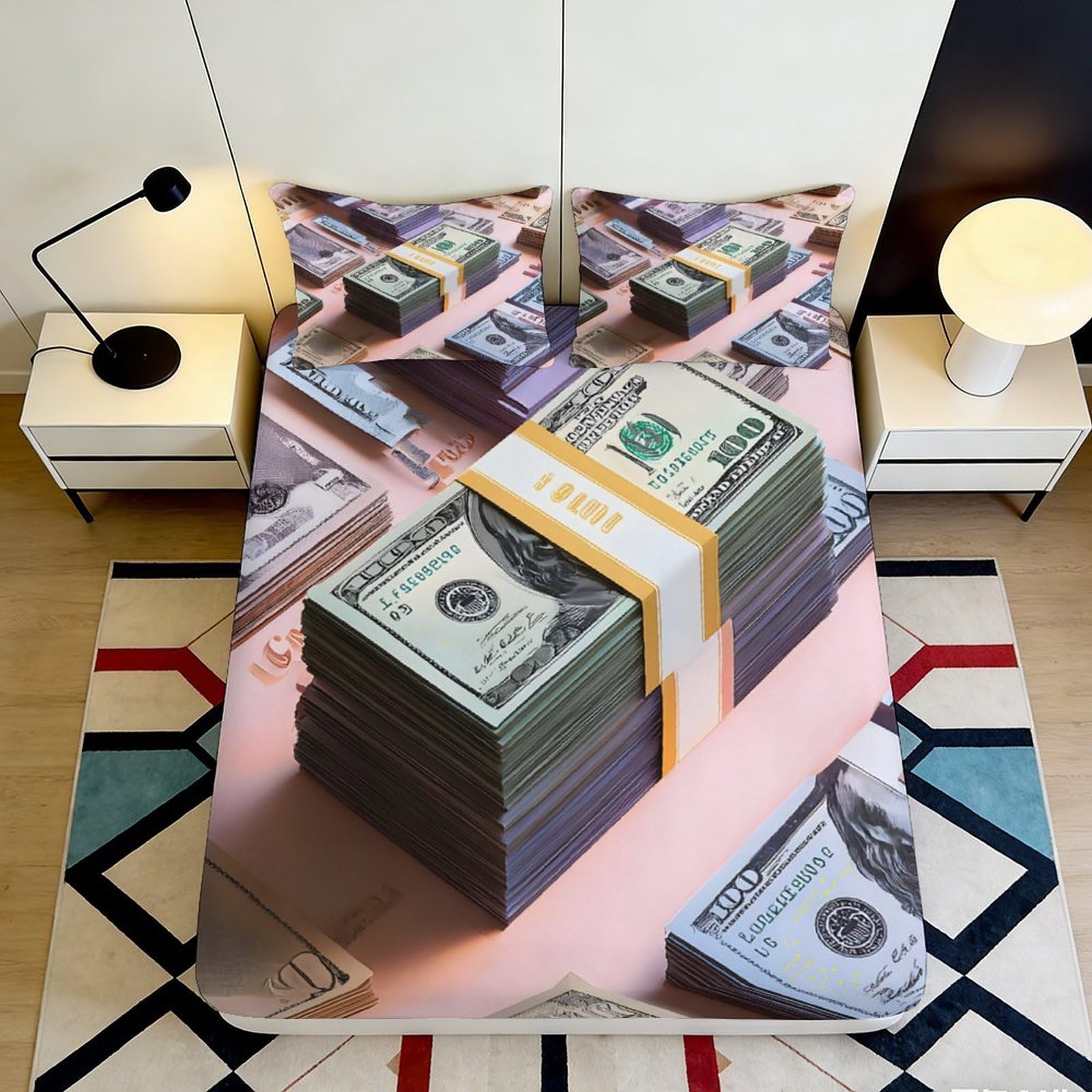 3D Printed Money Stack Fitted Sheet Microfiber Soft Breathable Cash Bundle Bed Cover for Bedroom Dorm Mattress Decor 90x200x25cm