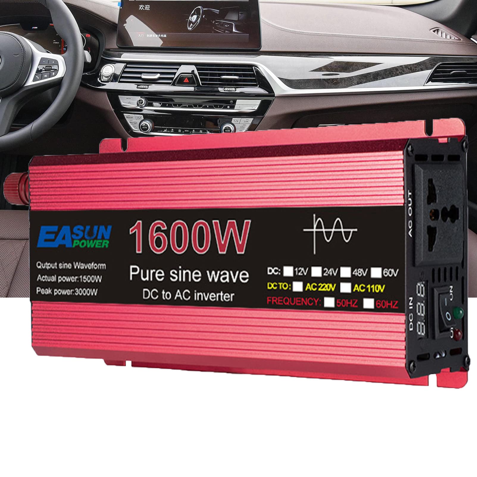 1000W/1600W/2200W/3000W Czysta Fala Sinusoidalna Przetwornica Napięcia, Samochód 12V/24V DC do 220V AC Konwerter ładowarka Samochodowa LED Cyfrowy Wyświetlacz,1600W-24V