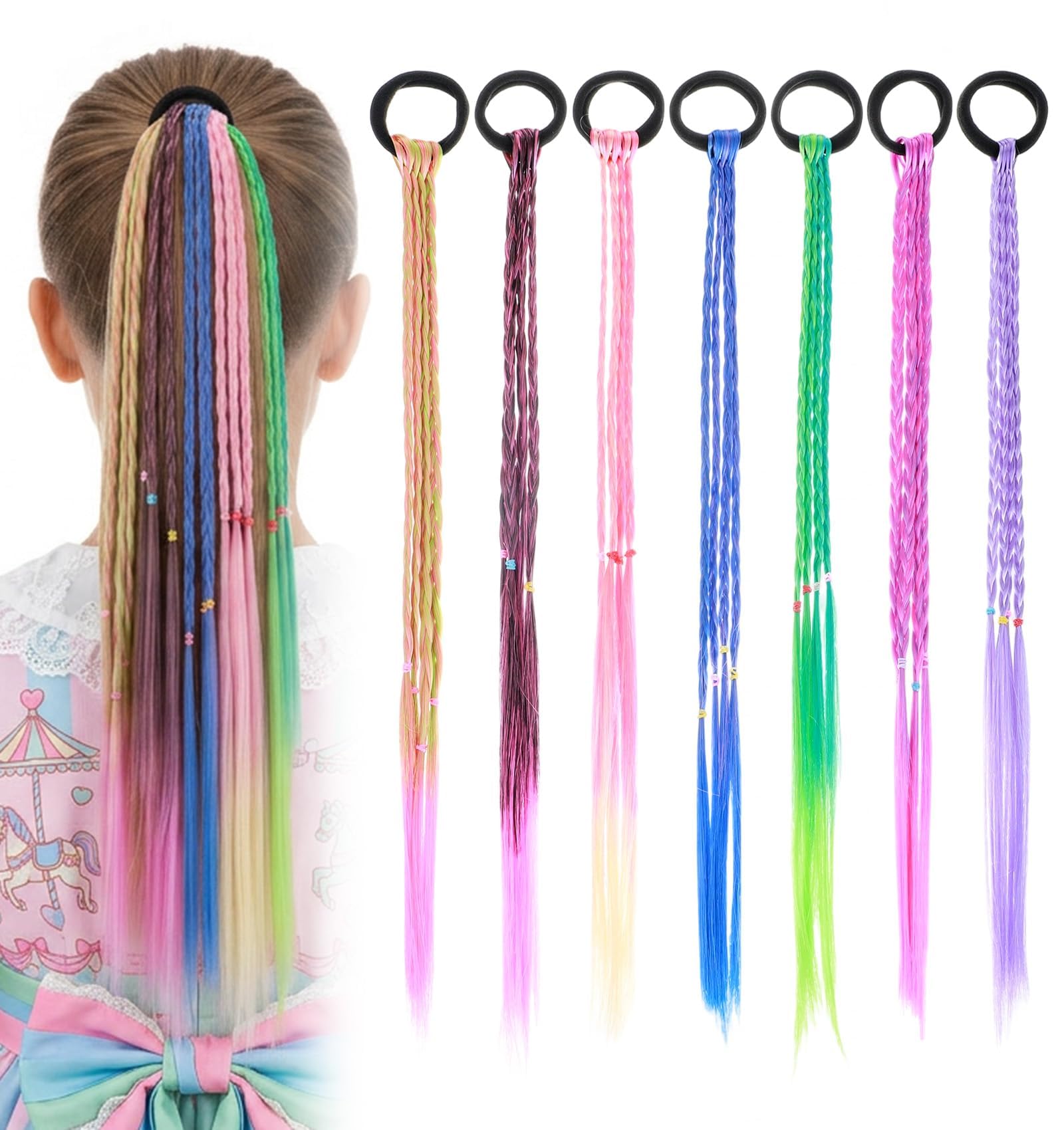 7Pcs Color Hair Extensions Gradient Wig Braids Braided Hair Ties for Women Ponytail Styling Festival and Party Hair Accessories-image-36