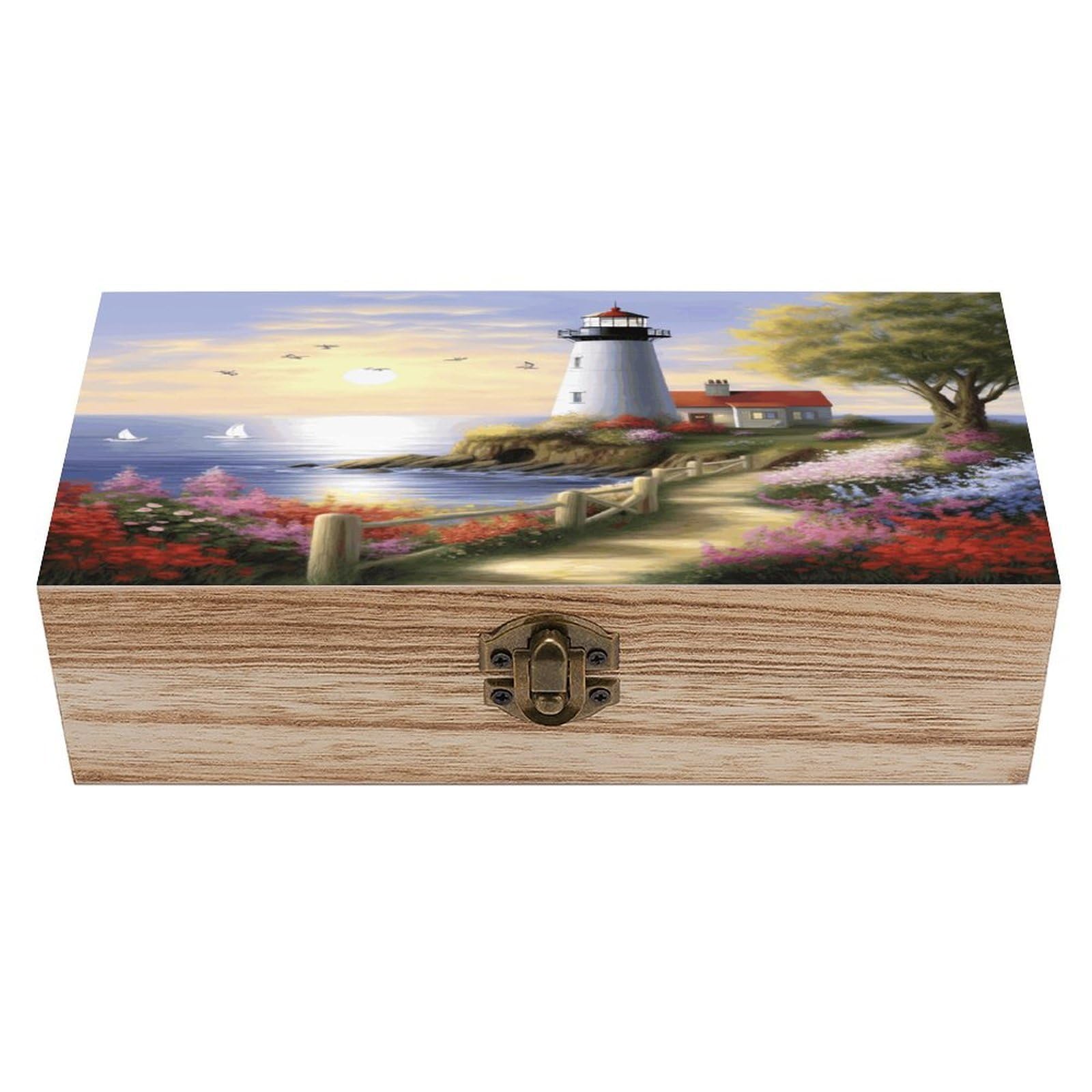 VstaDank Lighthouse Diamond Painting Wooden Storage Box with Hinged Lid Natural Wooden Box Beautifully Keepsake Boxes Vintage Wood Boxes Jewelry Organizer Trinket Storage Chest Unique Gift