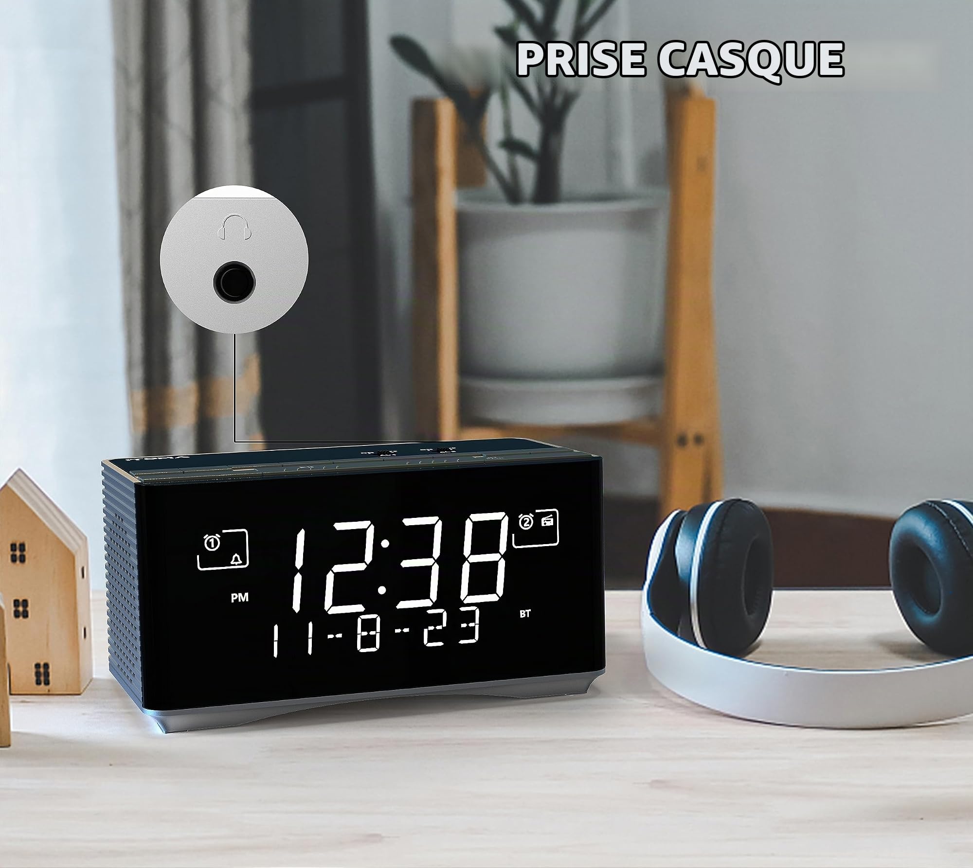 iTOMA Réveil Radio FM et Dab/Dab+ avec Port de Charge USB, Haut - Parleur stéréo Bluetooth, Prise Casque, Double Alarme, Snooze, écran LCD dimmable 3501