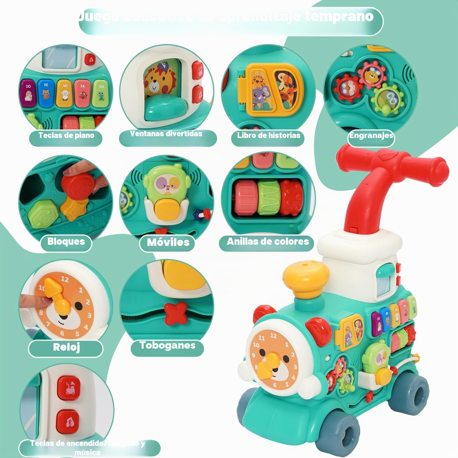 5 in1 Andador para bebés,Juguete de Tren de Vapor,con Música y Luces,Andador de Actividades de Aprendizaje Para Empujar y Tirar,Adecuado Para Niños y Niñas a Partir de 6 Meses