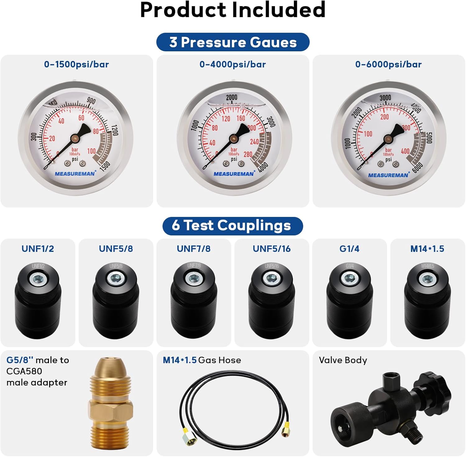 MEASUREMAN Nitrogen Accumulator Charging Kit, 1500-6000 PSI with 3 Precision Gauges, 6 Adapters for M28*1.5, UNF 5/8 & 1/2, Professional Hydraulic Tool Set for Pressure Testing
