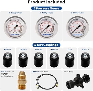 MEASUREMAN Nitrogen Accumulator Charging Kit, 1500-6000 PSI with 3 Precision Gauges, 6 Adapters for M28*1.5, UNF 5/8 & 1/2, Professional Hydraulic Tool Set for Pressure Testing
