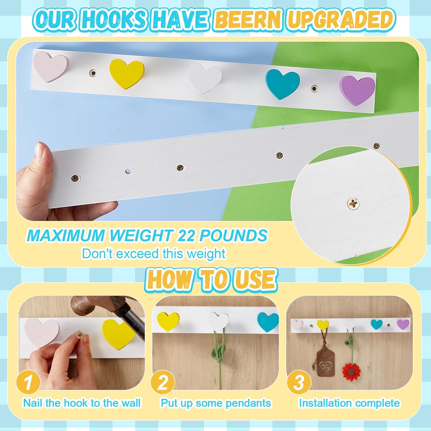 Maitys 2 Pcs Kids Coat Rack Wall Mount Kids Wall Hooks Rainbow Coat Rack Hooks for Boys Girls Toddler Cute Bathroom Decor Colorful Backpack Hanger Supplies for Clothes Hat Towel in Bedroom(Heart)