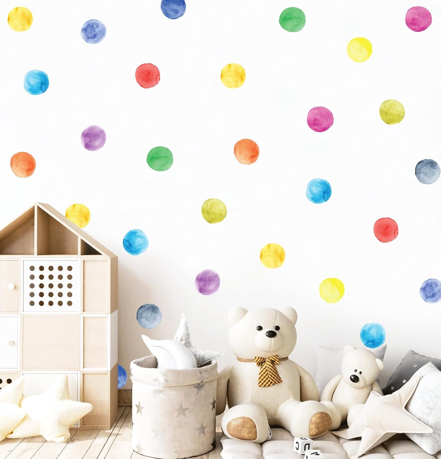 Watercolor Polka Dots Wall Decals Rainbow Colorful Removable Round Stickers for Kids Baby Girls Playroom Nursery Room (Color)