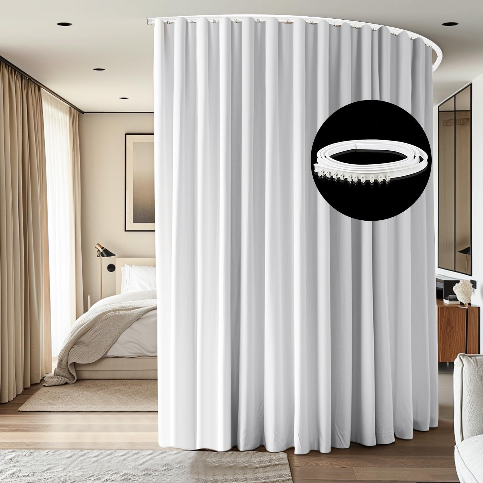 Room Divider Ceiling Mounted Curtains Track Sets Extra Wide Blackout Curtain Flexible Tracks for Bedroom Privacy Partition Separator, 1 Panel White Drape and White Rail, W10 x H7ft