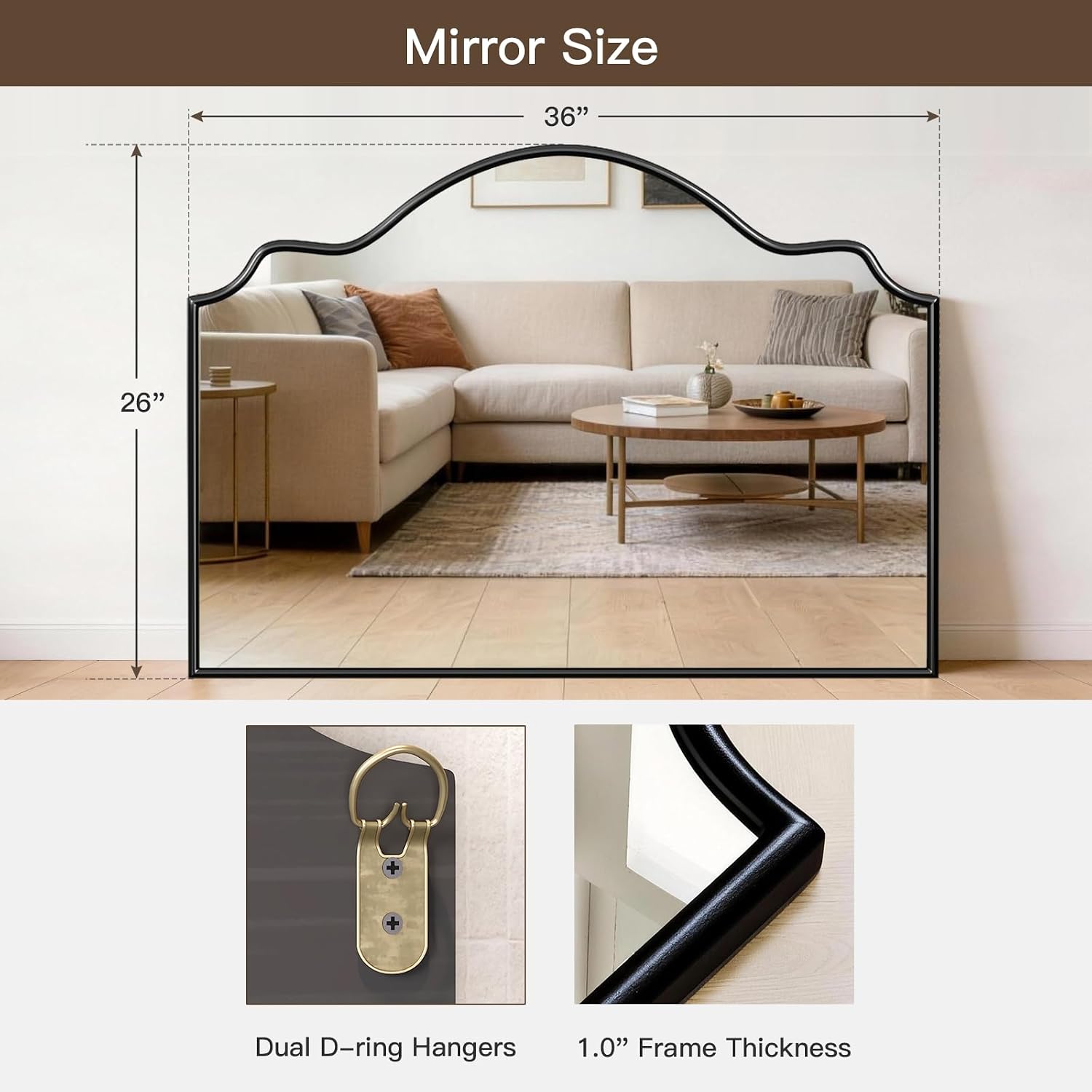 Arched Scalloped Mirror, 36" x 26" Black Arched Mantel Mirror with Rubberwood Frame, Scalloepd Wall Mirrors for Fireplace, Bedroom, Bathroom, Entryway