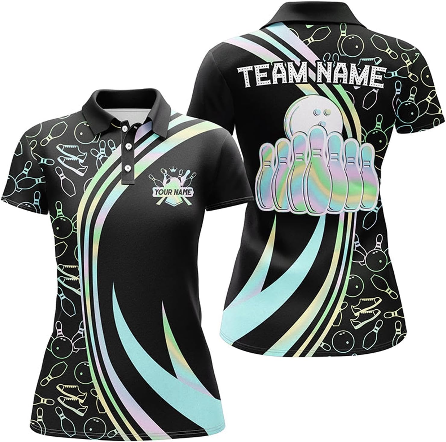 Black Women Bowling Polo Shirt Custom Neon Camo Team League Bowling Jerseys Gifts for Bowlers N7210