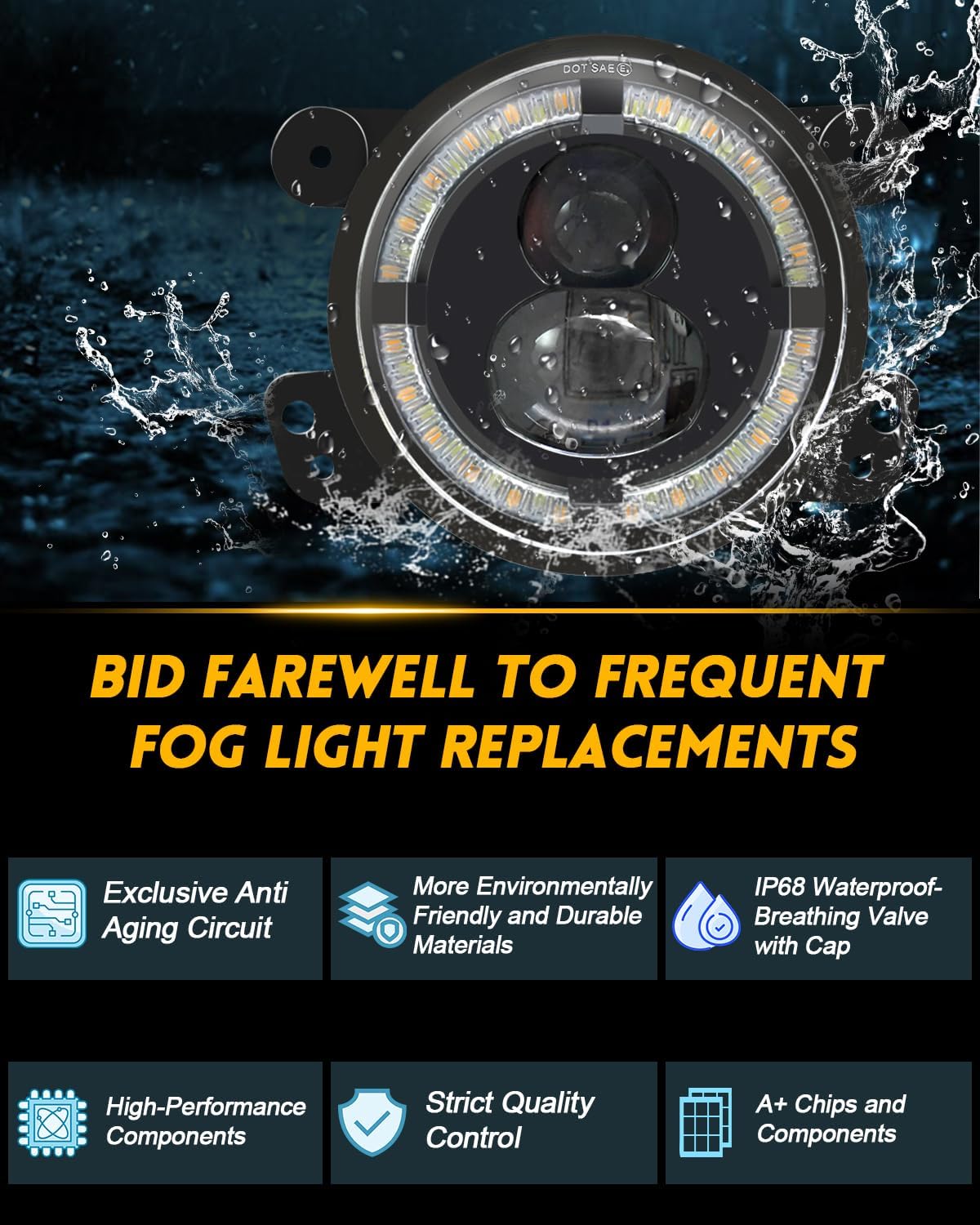 4 Inch LED Fog Lights for Jeep Wrangler JK Rubicon Unlimited JKU 2007-2018, DIY Off Road Fog Lights, 60W Driving Offroad 4" Round Fog Lamps w/High and Low Beam & DRL & Amber Turn Signal Lights