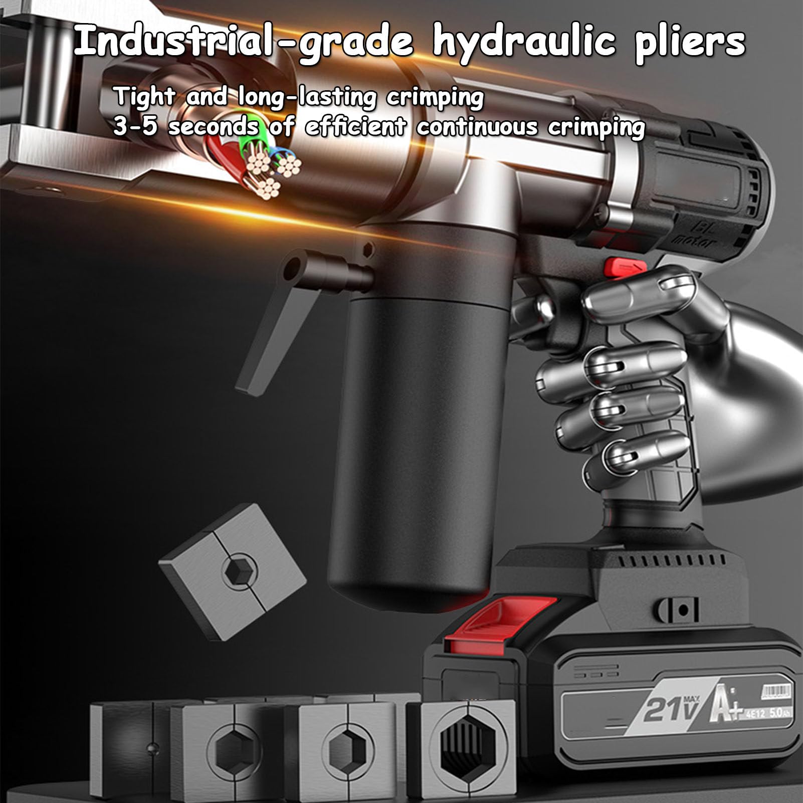 Hydrauliczne szczypce do zaciskania, hydrauliczne zaciskarki do końcówek kablowych, narzędzie do zaciskania kabli zasilane akumulatorowo, zaciskanie 16-240 mm², idealne do zakańczania,1Battery