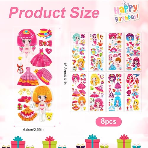 Miniatura 2 de BOXOB Calcomanías hinchadas para niños, más de 130 calcomanías 3D, sirena, vestido, concha, rosa, azul, dibujos animados, uso en interiores