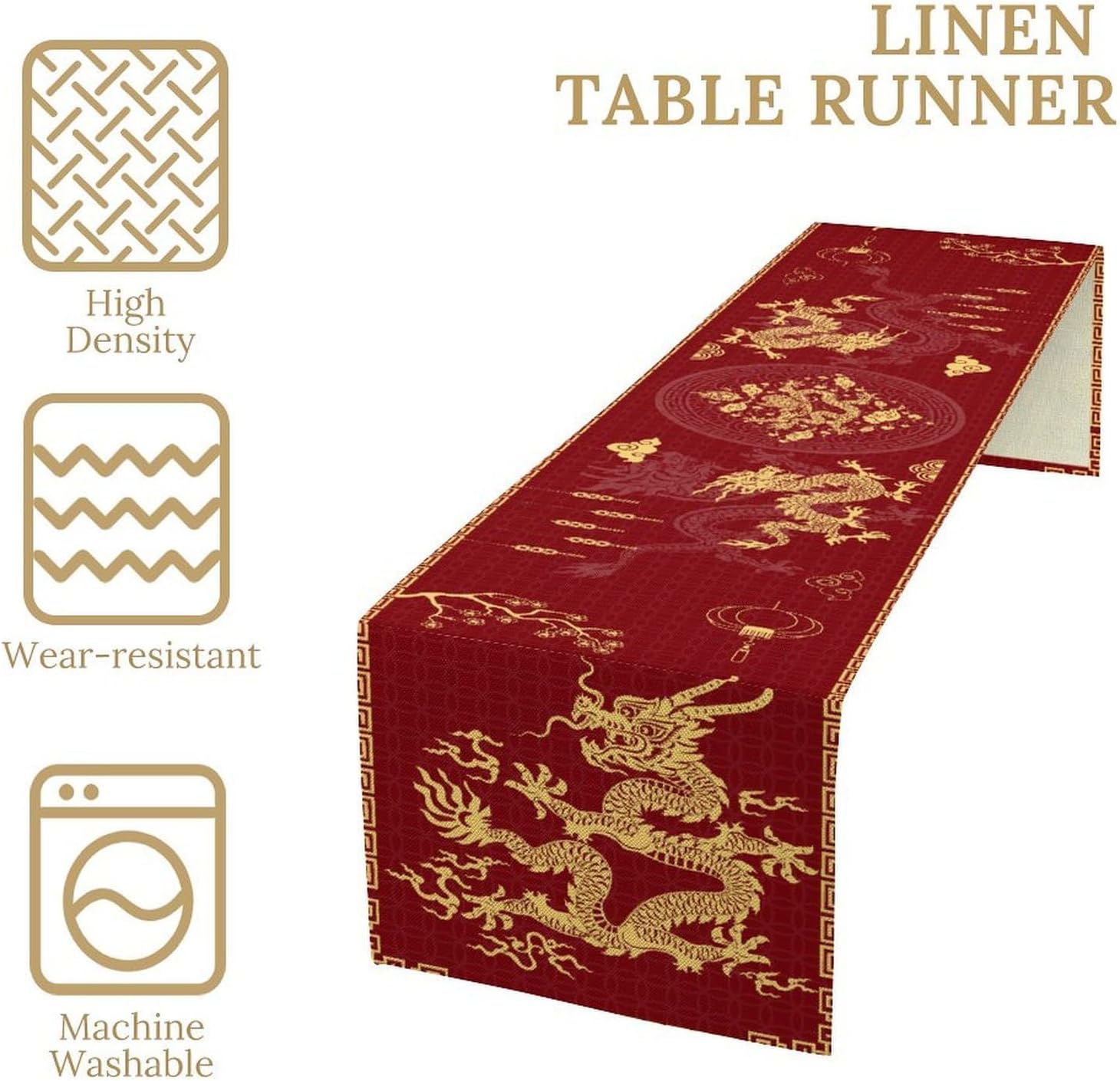 Chinese Dragon Table Runner, Red and Gold Oriental Style with Traditional Dragon Motif, Vintage Asian Decorative Dining Table Decor for New Year or Party, Polyester Linen, 13x108 Inch