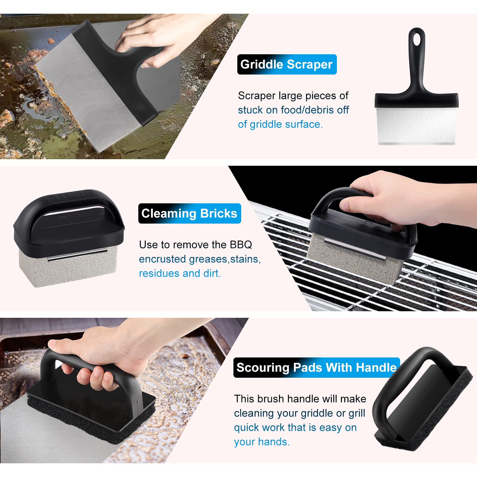 Kit de limpieza de plancha Blackstone para parrilla Blackstone + raspador + limpiador de estropajos