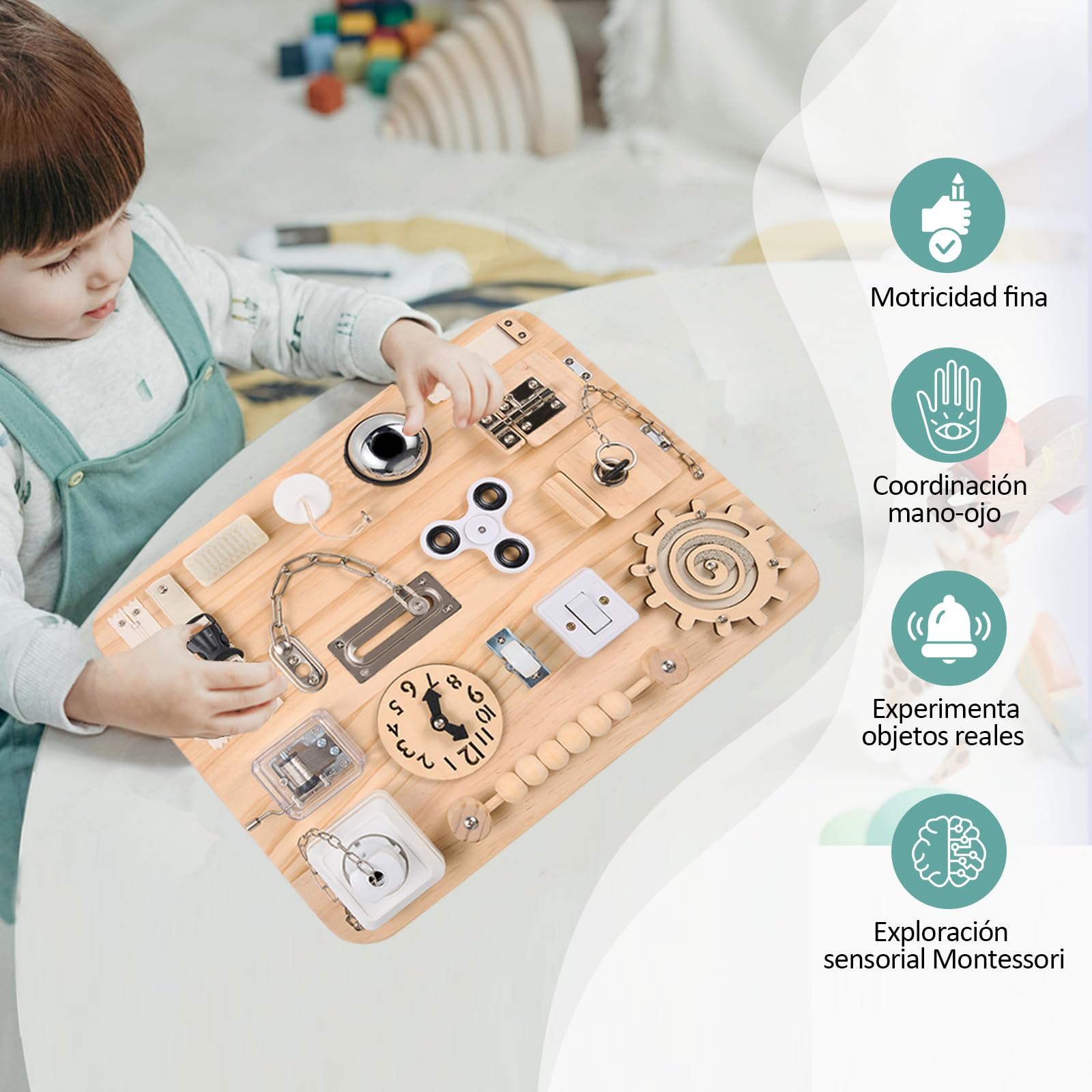 Potatomato Montessori Busy Board – Juguete sensorial de Madera para niños | Tablero de Actividades Educativo, Juguete de Habilidades motoras, Ideal para Viajes y Aviones