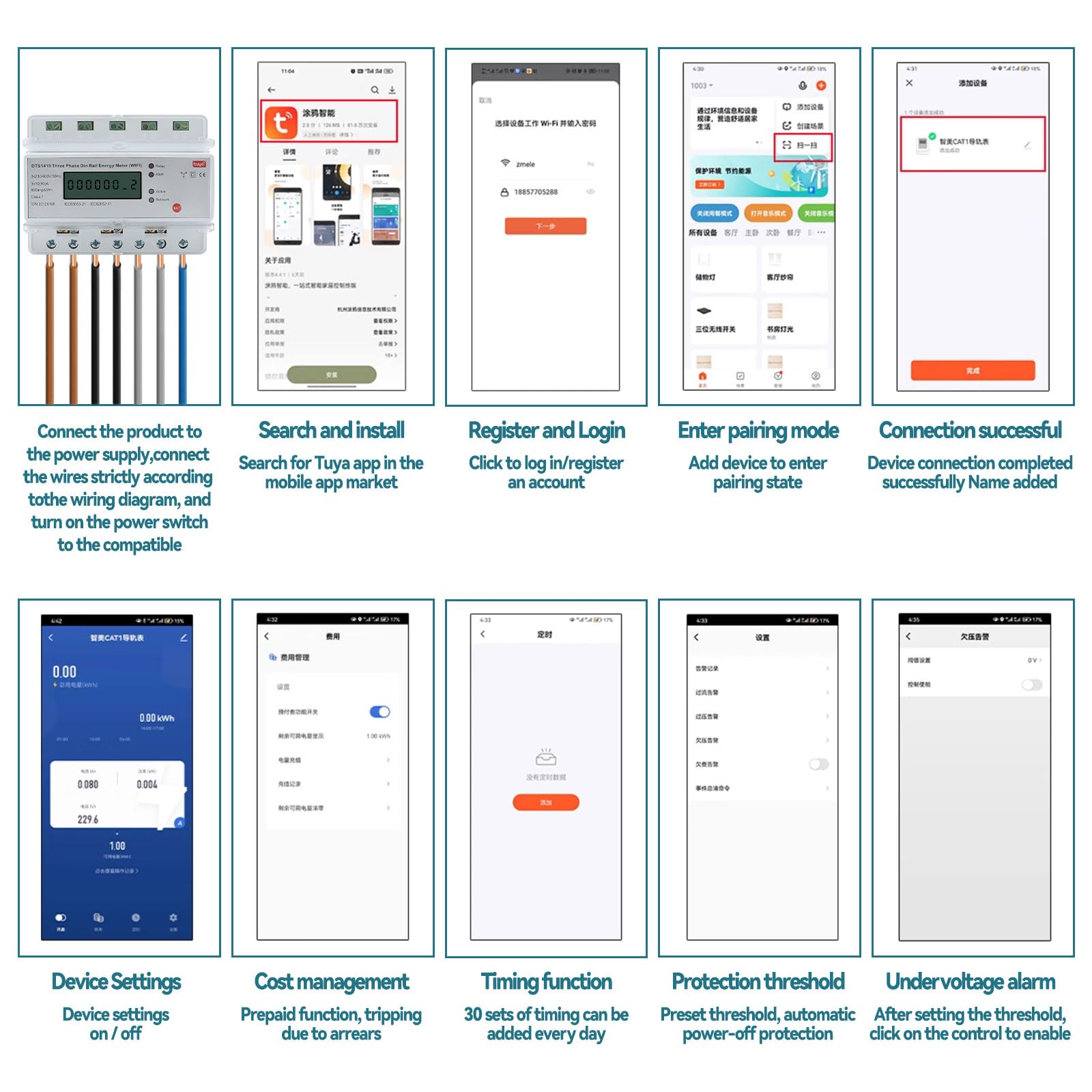 Contatore di energia per rotaie DIN a 3 fasi, Smart WiFi, contatore di corrente a tre fasi, DIN 3 x 220 V, 10 (80) A, telecomando Tuya App