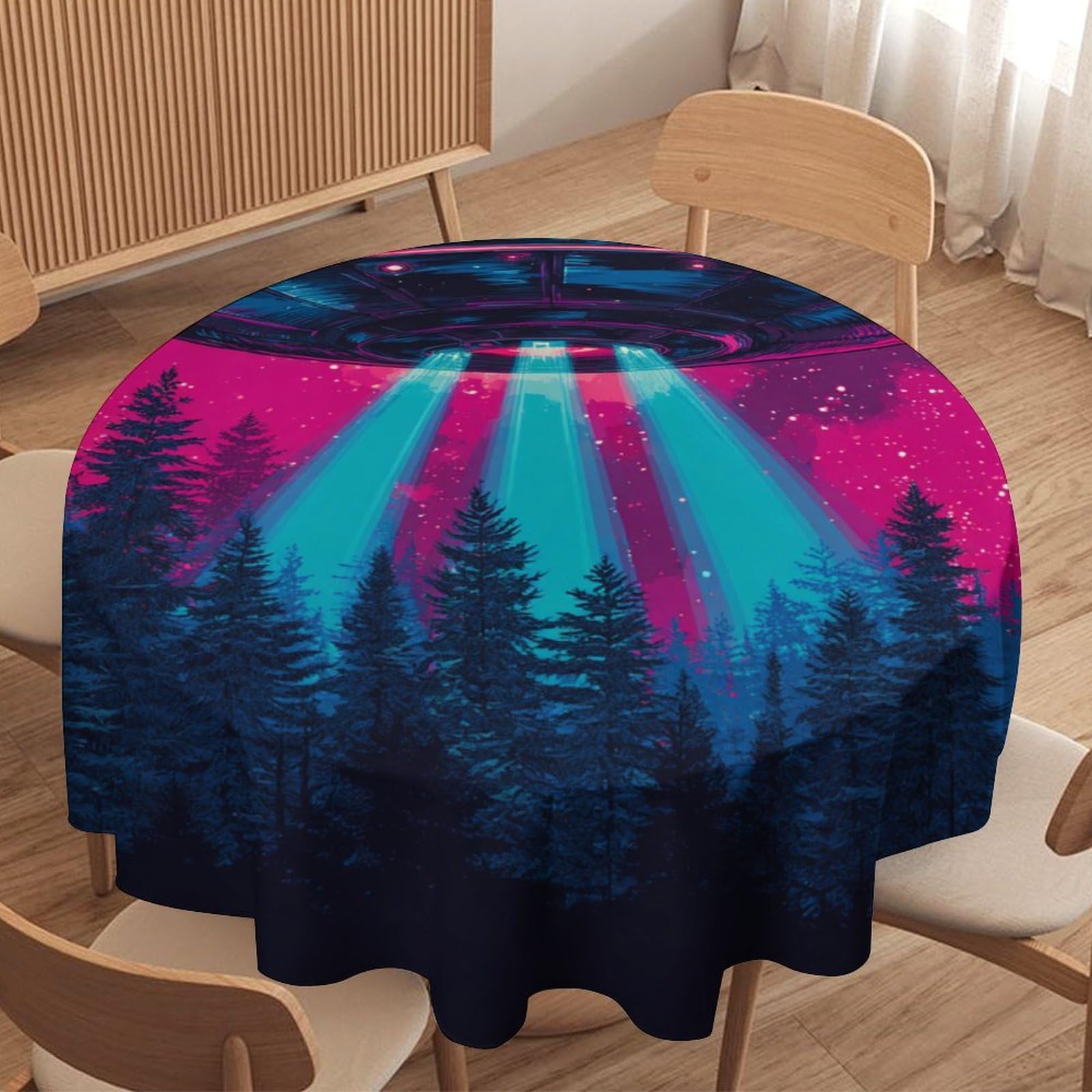LUYYSKY Beautiful Rustic Funny Spaceship Waterproof Round Tablecloth Modern Abstract Starry Sky Galaxy Pine Forest UFO Washable Table Cover for Kitchen-177.8" Wx177.8 L cm