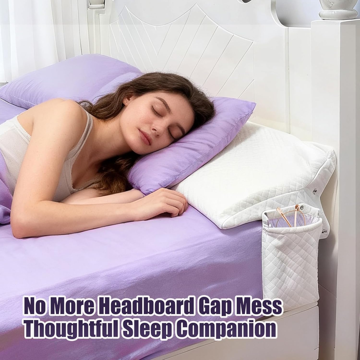 Triangle Bed Gap Filler King High Density Foam Headboard Gap Filler Pillow with 2 PCS Pockets and Removable Washable Cover, Prevent Items from Falling