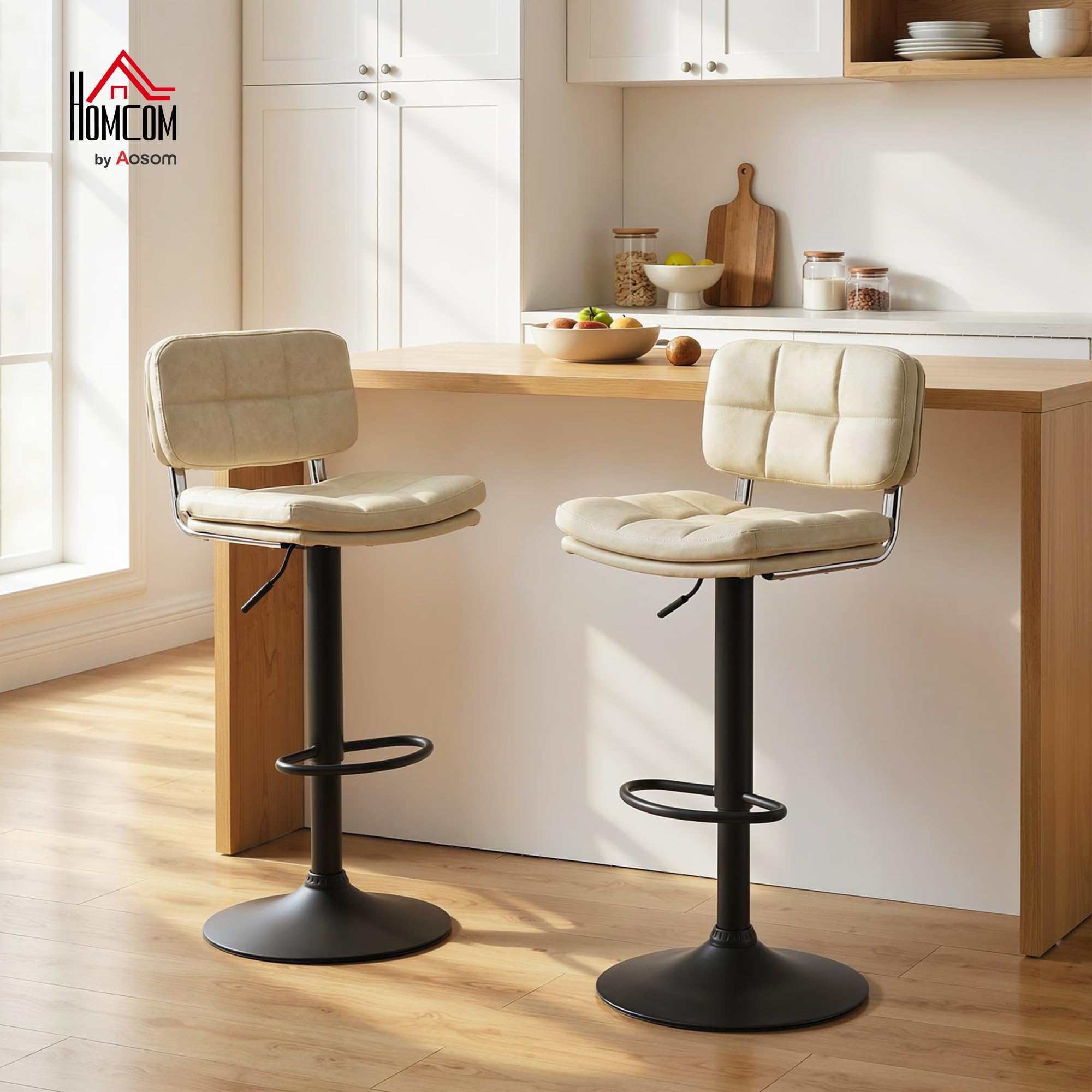 HOMCOM – Juego de 2 taburetes de bar vintage – giratorio, ajustable – Reposapiés – Revestimiento sintético crema efecto envejecido