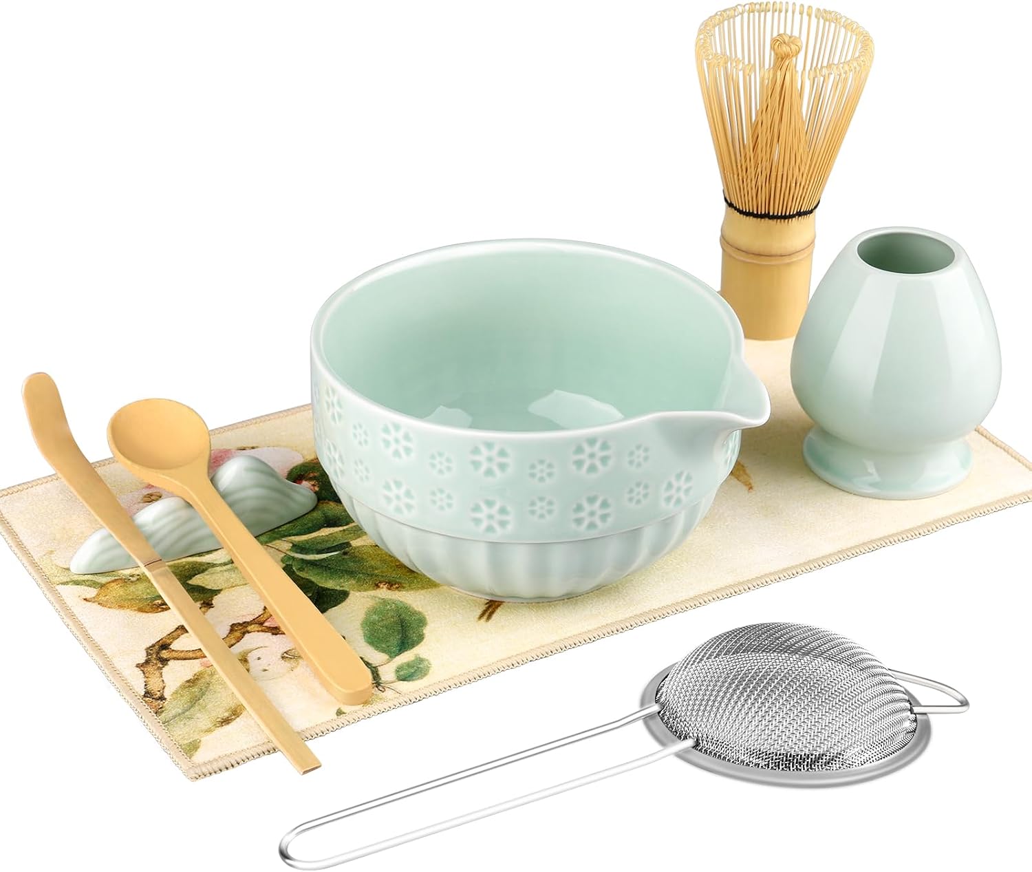 Matcha Whisk Set – 8 Pcs Matcha Set with Matcha Bowl, Sifter, Bamboo Whisk (Chasen) and Holder, Scoops and Rest, Tea Towel – Tea Making Kit for Traditional & Modern Matcha Drinks (Green)