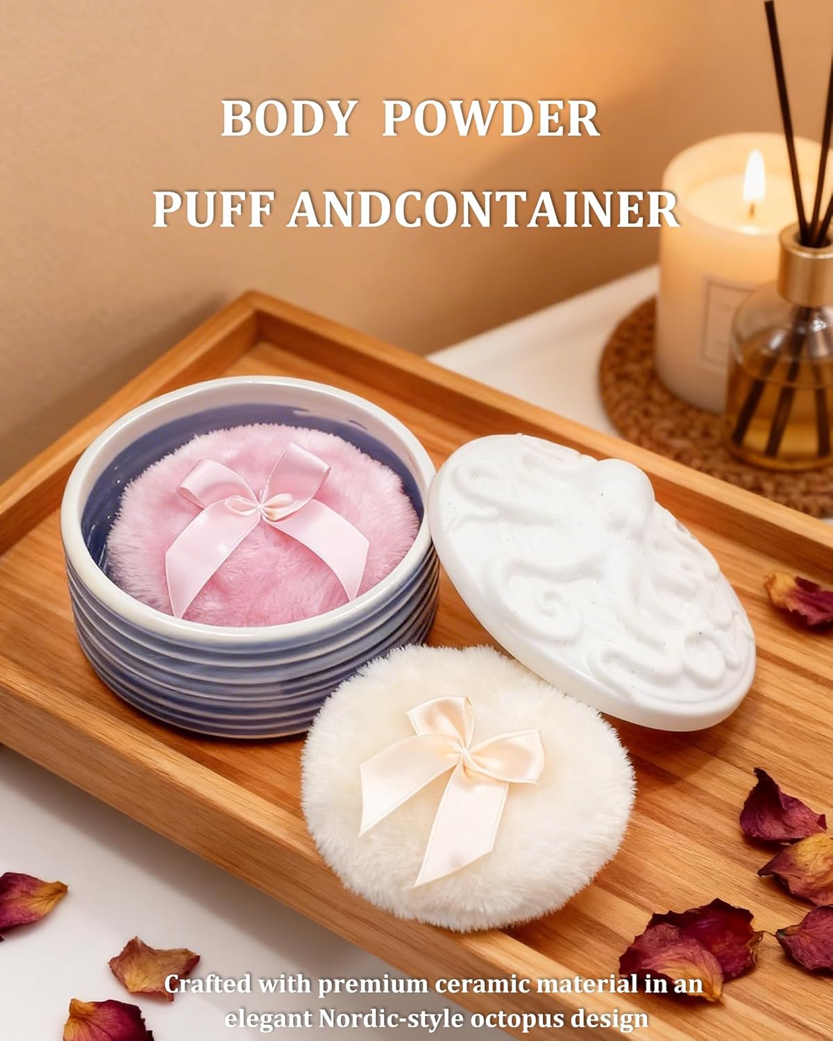 Large Body Powder Puff and Container - 4.4'' Ceramic Dusting Powder Container with 2 Soft Washable Reusable Velour Face Body Glitter Wet Dry Makeup (Blue)