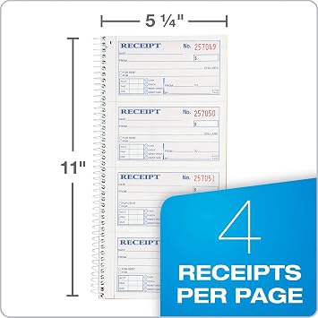 Adams Money and Rent Receipt Book, 2-Part Carbonless, 5-1/4 x 11, Spiral Bound, 200 Sets per Book, 4 Receipts per Page (SC1152)