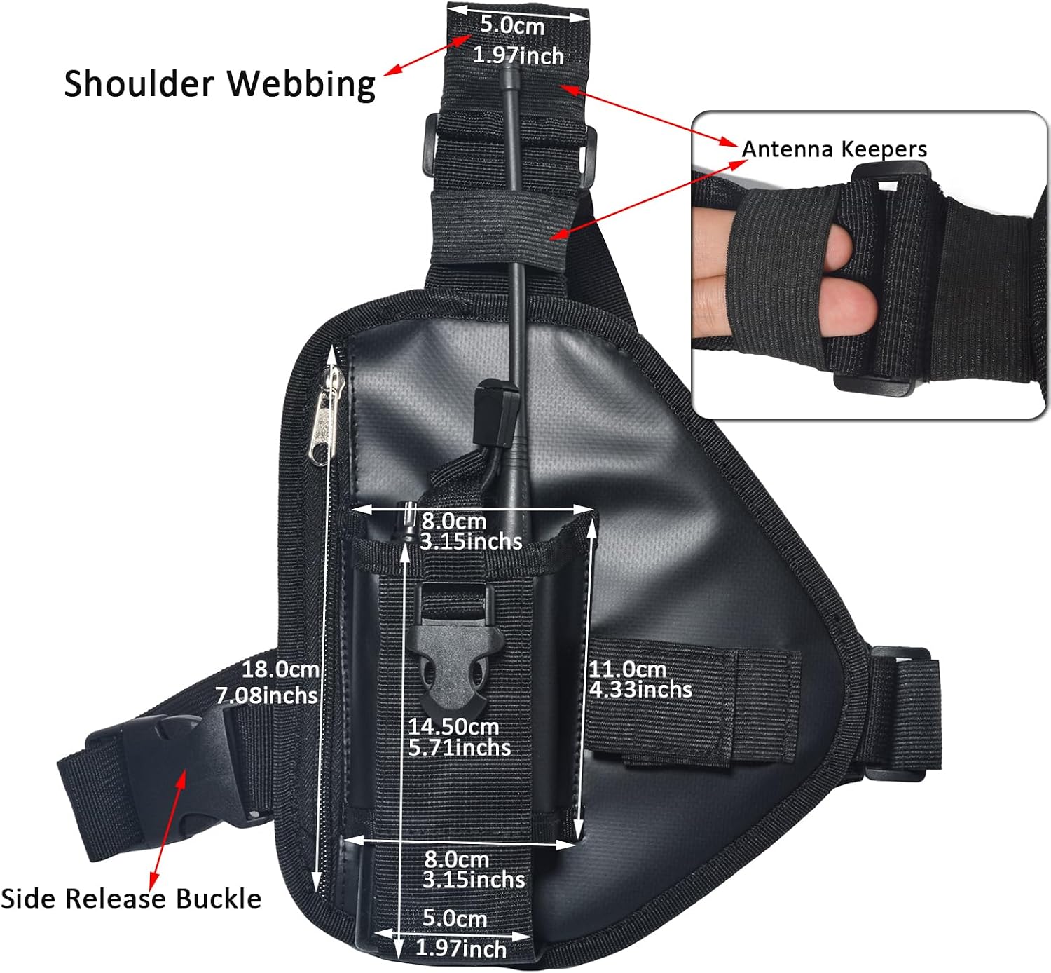 HYS Two-Way Radio Chest Harness Bag - Adjustable Hands-Free Shoulder Strap, Single Radio Pouch - for Motorola, Kenwood, Baofeng, Midland Walkie Talkies (Up to 11.6") - for Hiking, Tactical Use