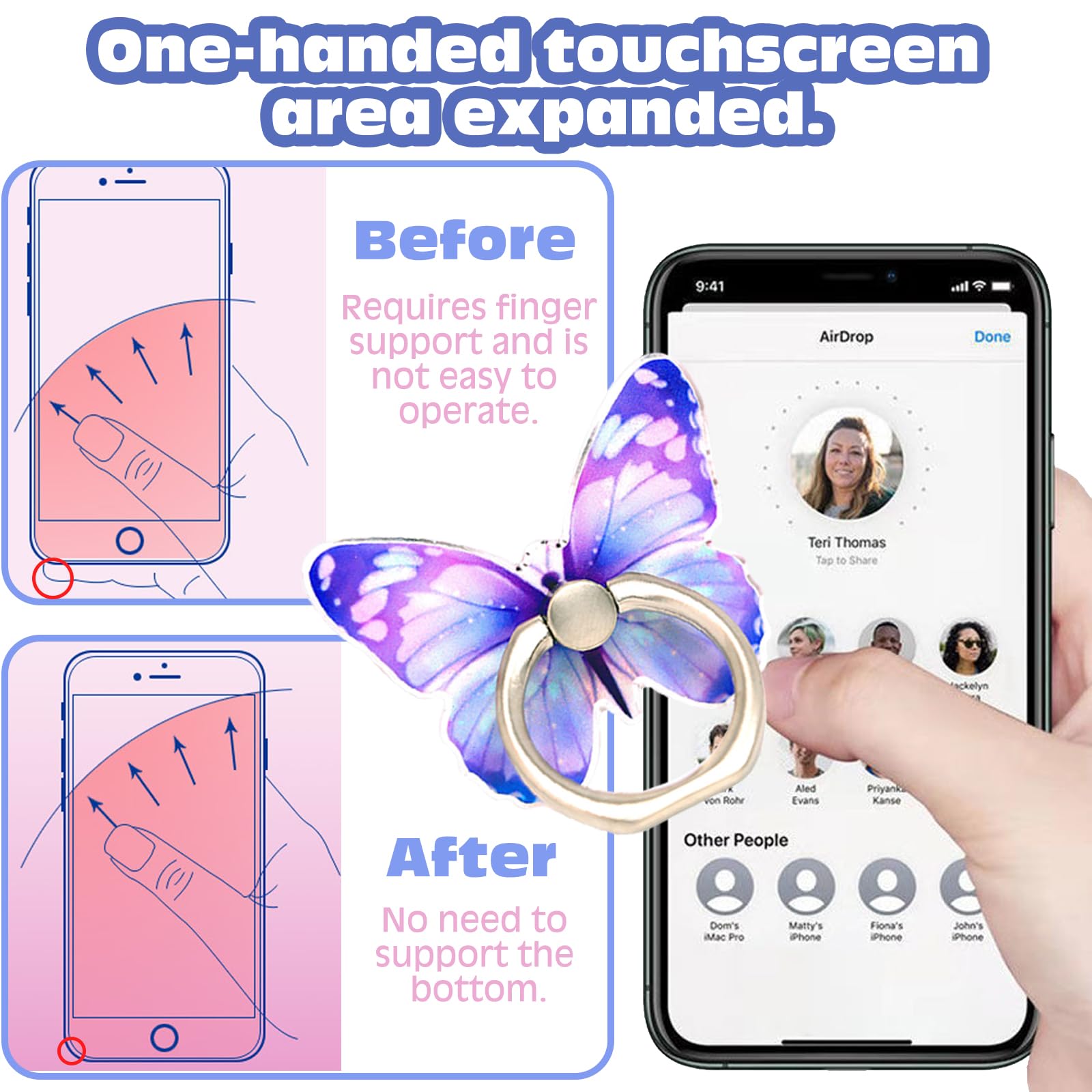 3x Handy-Ringhalter Schmetterling – 360° Drehbar, Selbstklebend, Aus Metall, Für Alle Smartphones