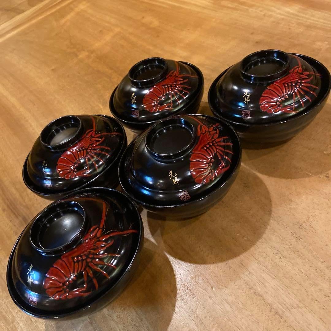 会津塗 天然木 蓋付 椀 お椀 5客 箱付 金彩 漆器 雀山 ※海外発送