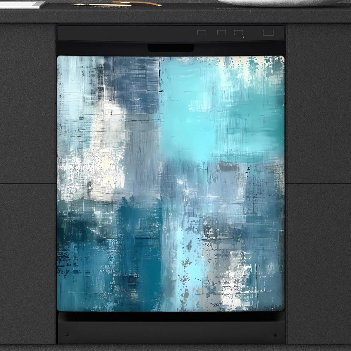 Housse magnétique réutilisable pour lave-vaisselle - Texture artistique turquoise - Autocollant décoratif pour porte de lave-vaisselle