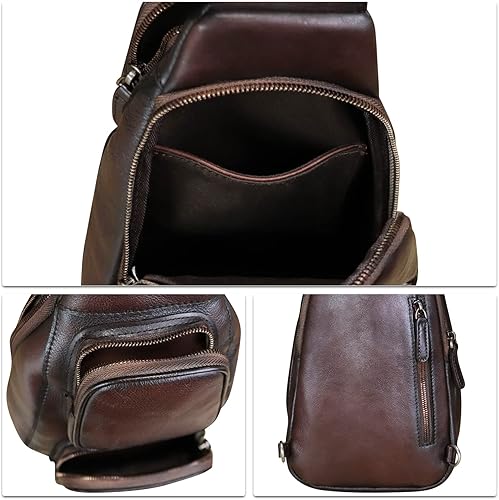 Miniatura 7 de FEIGITOR Bolso bandolera de cuero genuino, mochila cruzada retro hecha a mano, bolsa de pecho para senderismo, ciclismo, riñonera