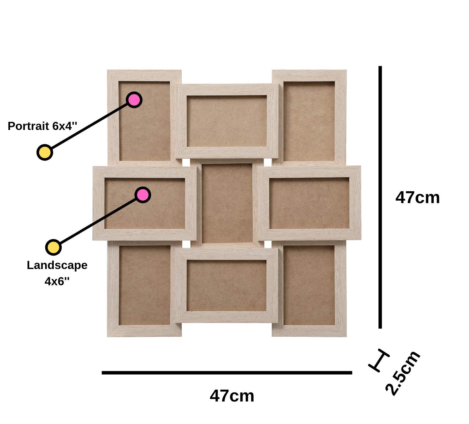 ARPAN MDF-Bilderrahmen für 9 Fotos à 15,2 x 10,2 cm, Holz, Natur, L47cm x W47cm x H2.5cm