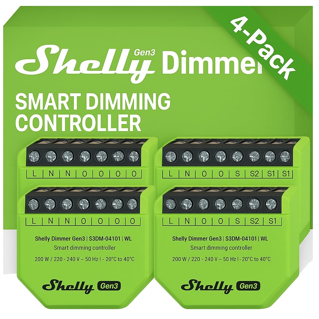 Shelly Shelly Dimmer Gen3 Pack of 4 WiFi Smart Dimmers, Home Automation, Dimmable Lights, LED Strips, No Neutral Conductor Required, Smart Schedules, No Hub Required, iOS & Android, Alexa & Google