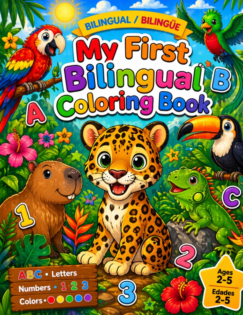 My First Bilingual Coloring Book / Mi Primer Libro Bilingüe de Colorear: ABC, 123 & Colors for Kids Ages 2-5 | Letters, Numbers & Jungle Animals in English and Spanish