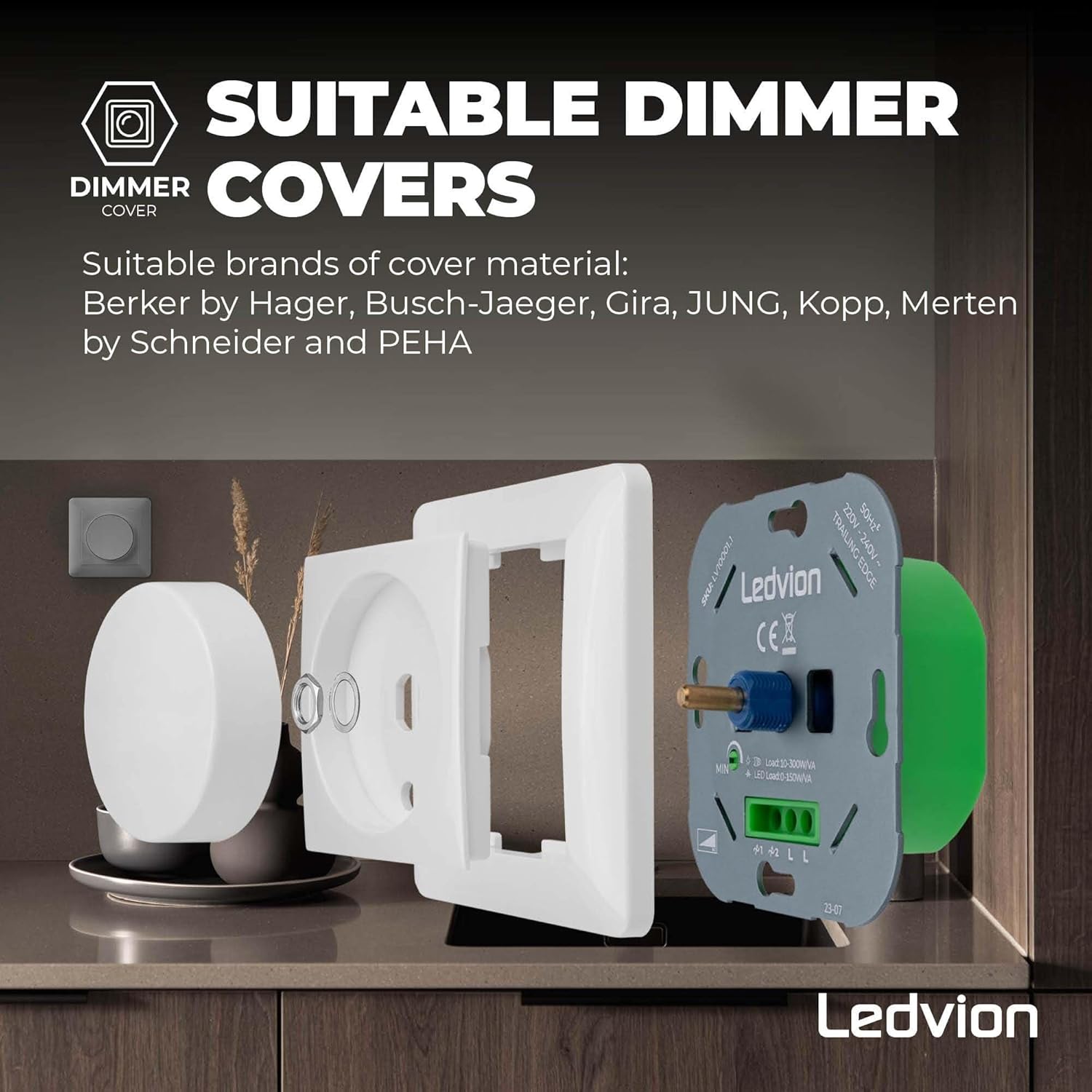 Ledvion LED dimmer shown with compatible dimmer cover brands like Berker, Busch-Jaeger, Gira, JUNG, Kopp, Merten, and PEHA.