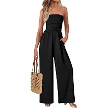 MASCOMODA One Piece Jumpsuits for Women Strapless Smocked Casual Rompers Long Pants with Pockets Vacation Summer Outfits