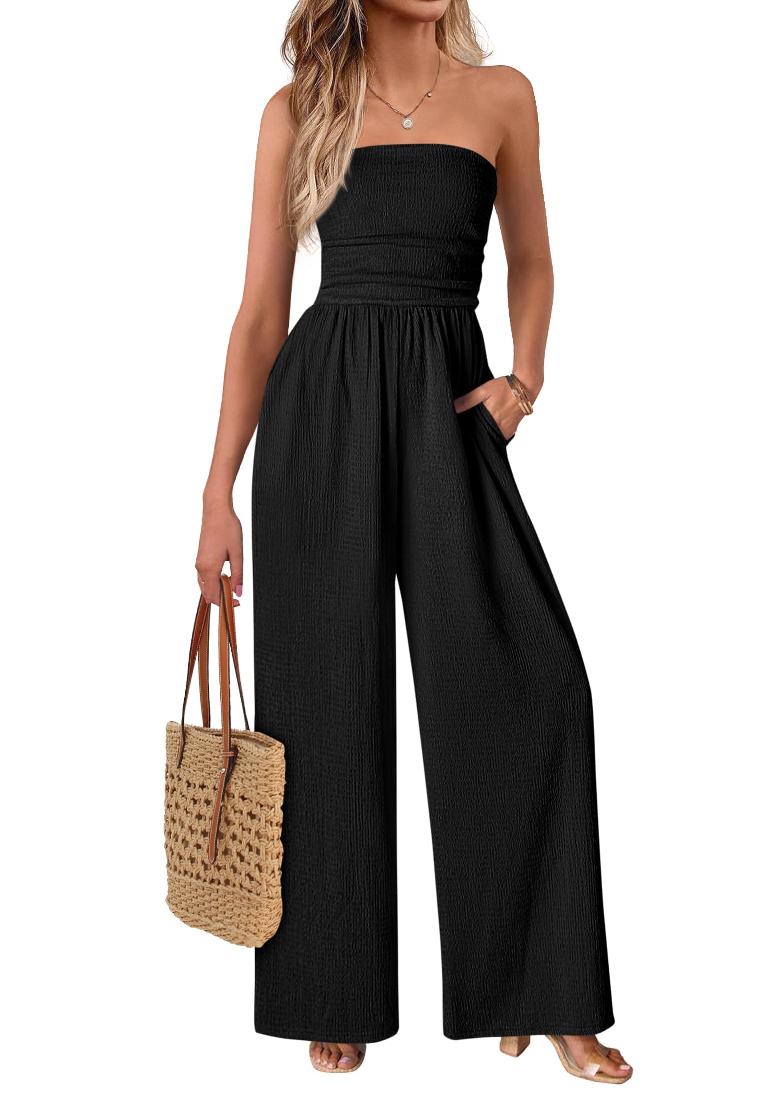 One Piece Jumpsuits for Women Strapless Smocked Casual Rompers Long Pants with Pockets Vacation Summer Outfits-image-41
