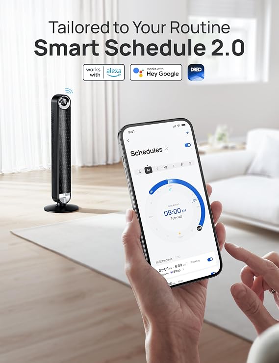 DREO Smart Tower Fans for Home, 90 Oscillating Fan Bedroom Indoors, Voice Control Floor with 12H Timer, 42 Inch Quiet Bladeless Standing LED Display, 9 Speeds, Work Alexa/Google
