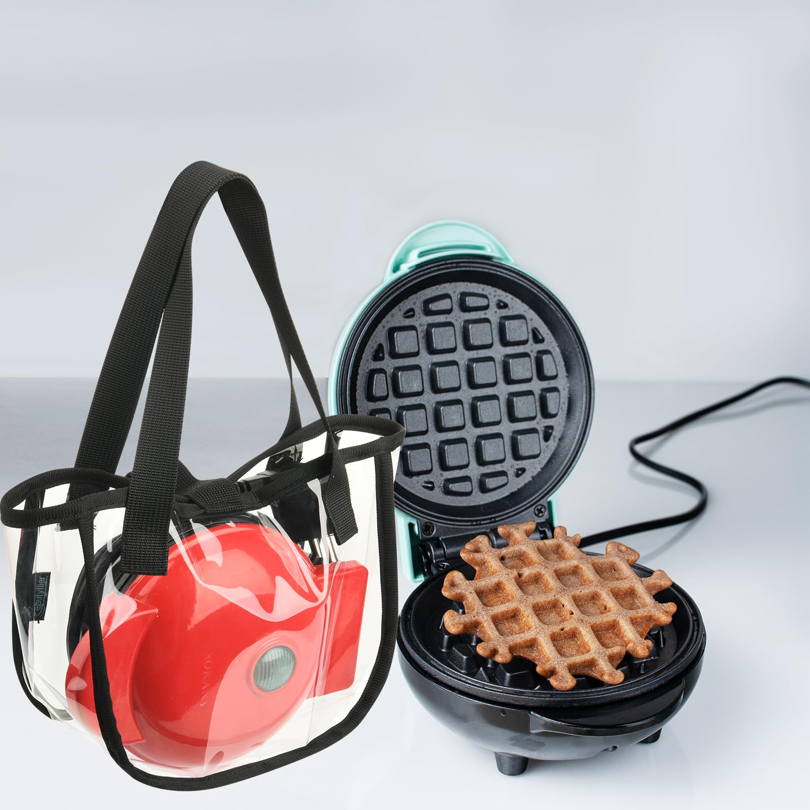 Bolsa de transporte compatible con DASH Mini waflera de 4 pulgadas, bolsa de almacenamiento para mini wafleras, bolsa organizadora transparente portátil para quienes aman hornear y cocinar 5