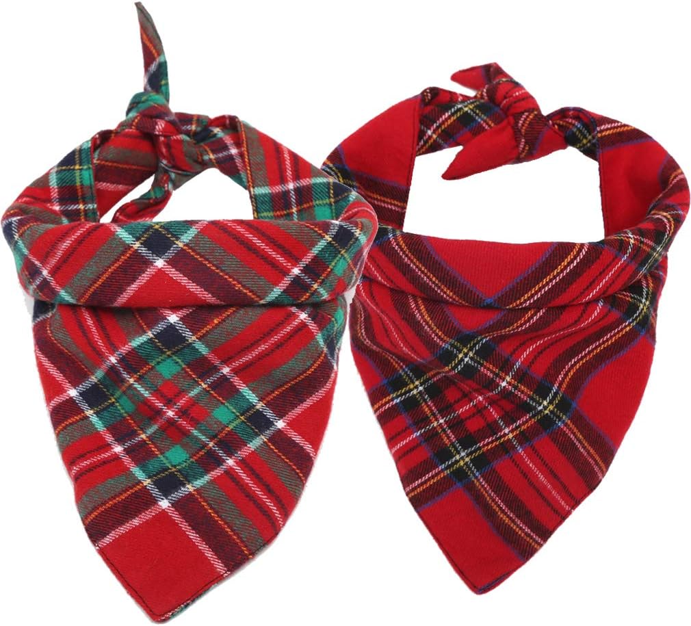 1/2 Pack Christmas Pet Dog Bandanas Triangle Bibs Scarf,Double-Cotton Plaid Printing Kerchief Set for Small Medium Size Dogs (2 Pack…