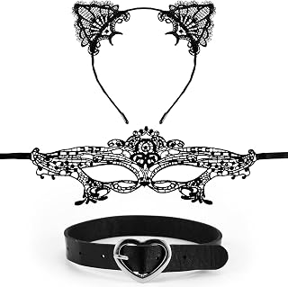 3pcs Cat Costume, Catwoman Costume Halloween Cat Woman with Mask Lace Ears Necklace for Halloween Cosplay (Queen Style)