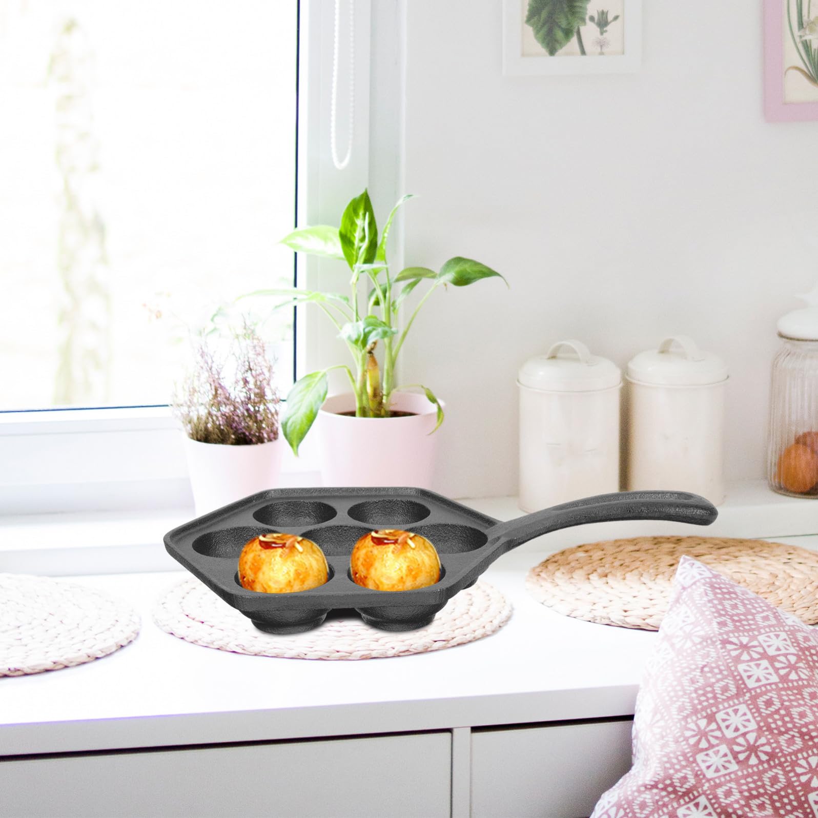 TOYANDONA Padella per Polpette in Ghisa Foro Grande da 5,5 Cm, Antiaderente senza Rivestimento, per Cucinare senza Attaccare Cibo