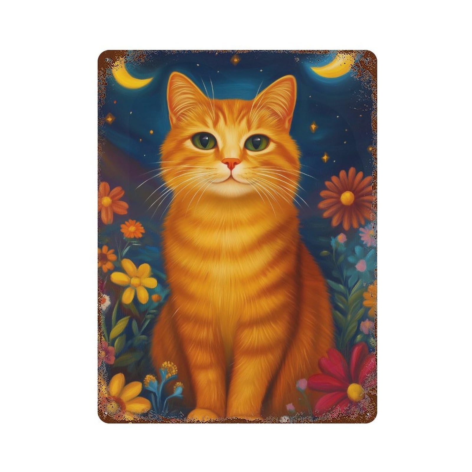 Vintage Metal Tin Sign Glowing Night Garden Cat 15.7"x11.8", Classic Wall Plaque for Pub, Kitchen And Man Cave Decor