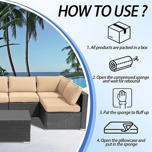 Miniatura 6 de Cojines de exterior para muebles de patio, 14 cojines de repuesto resistentes al agua para 6 asientos, cojín de sofá para patio, forro y funda