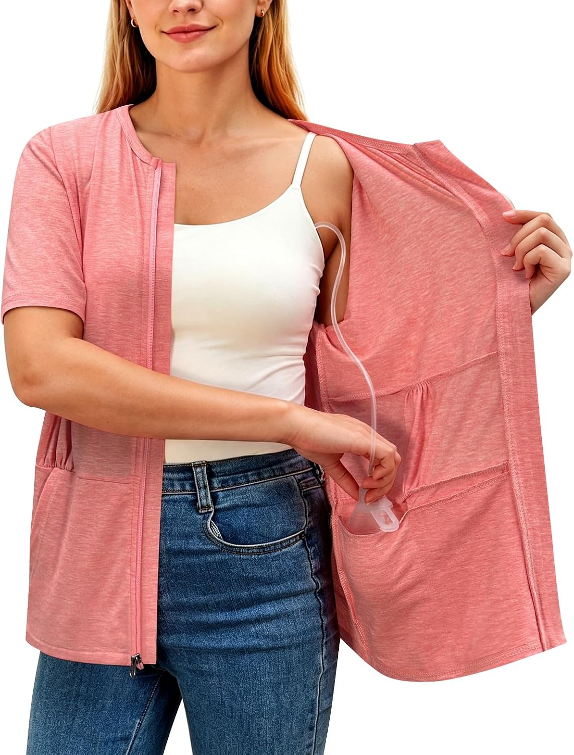 Post Mastectomy Recovery Zipper Closure Collar Shirt Camisole with Four Drain Pockets-Post Shoulder Surgery Shirts for Women