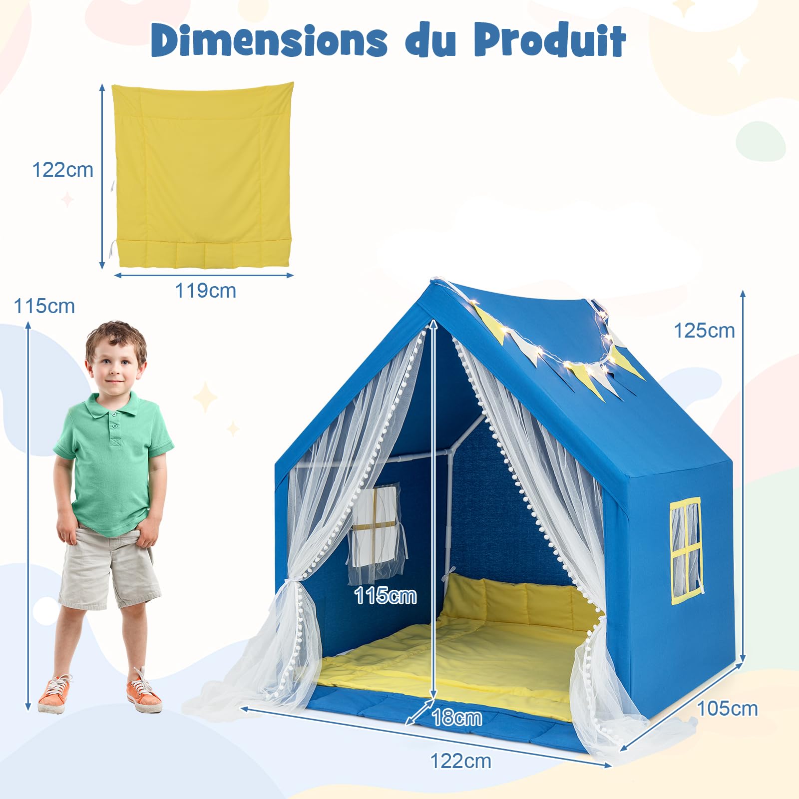 DREAMADE Tente de Jeu Enfants 3+Ans avec Lumières Étoiles&Tapis en Coton,Cabane Garçons Filles Intérieur 122x105x125CM avec Drapeau&Rideau en Gaze&Poche Latérale (Bleu)