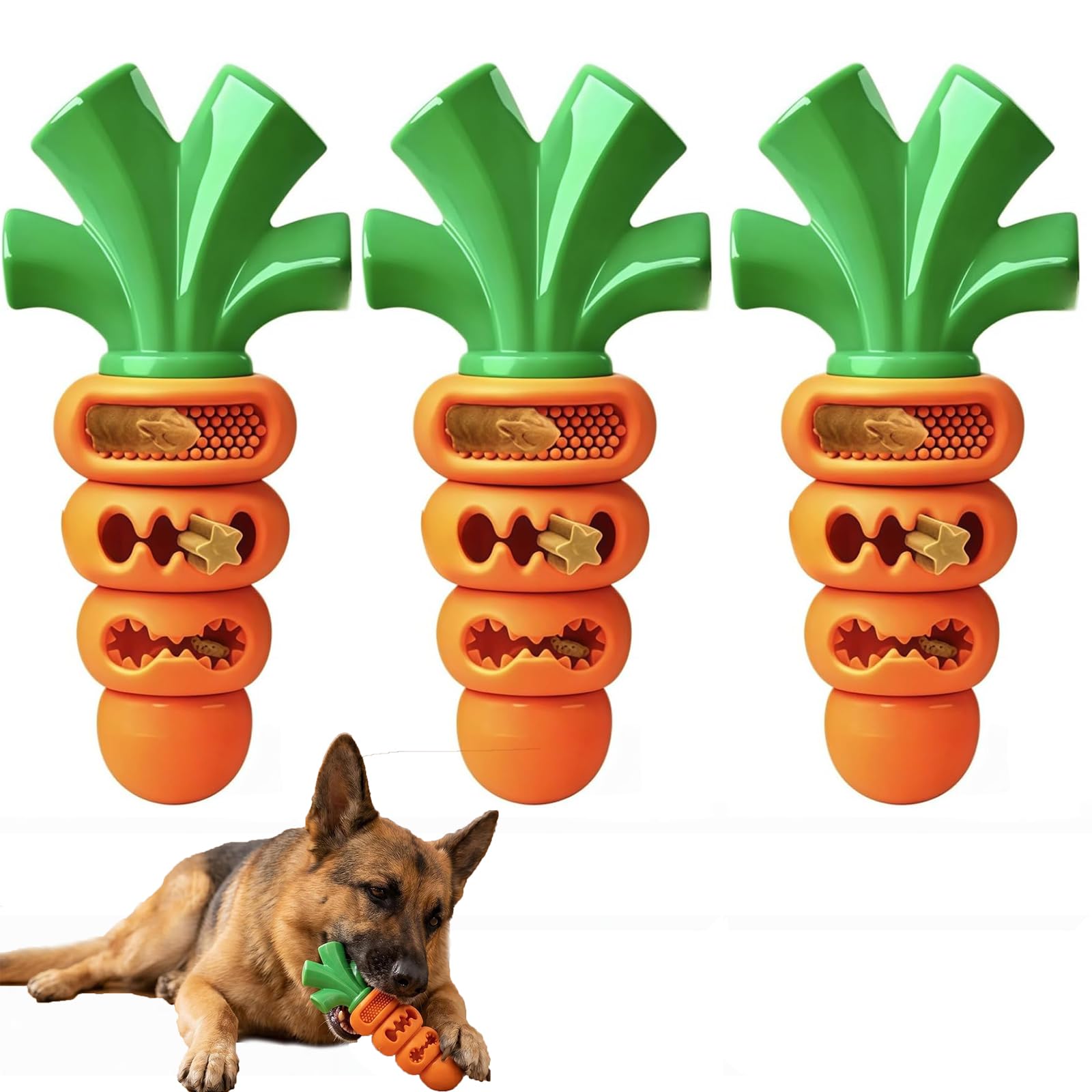 Giocattolo da masticare per cani a forma di carota, in nylon resistente e gomma naturale, con dispenser di snack, giocattolo dentale interattivo per cani per la pulizia dei denti (3PCS)