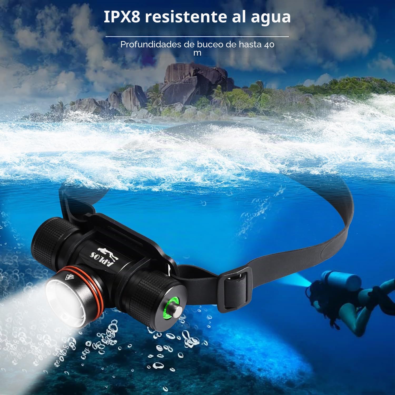 APLOS H800 Linterna Frontal Buceo Recargable, 3500 Lúmenes Profesional Linterna Submarinismo con Lente TIR, Indicador de Potencia para Espeleología, Esnórquel y Pesca Submarina