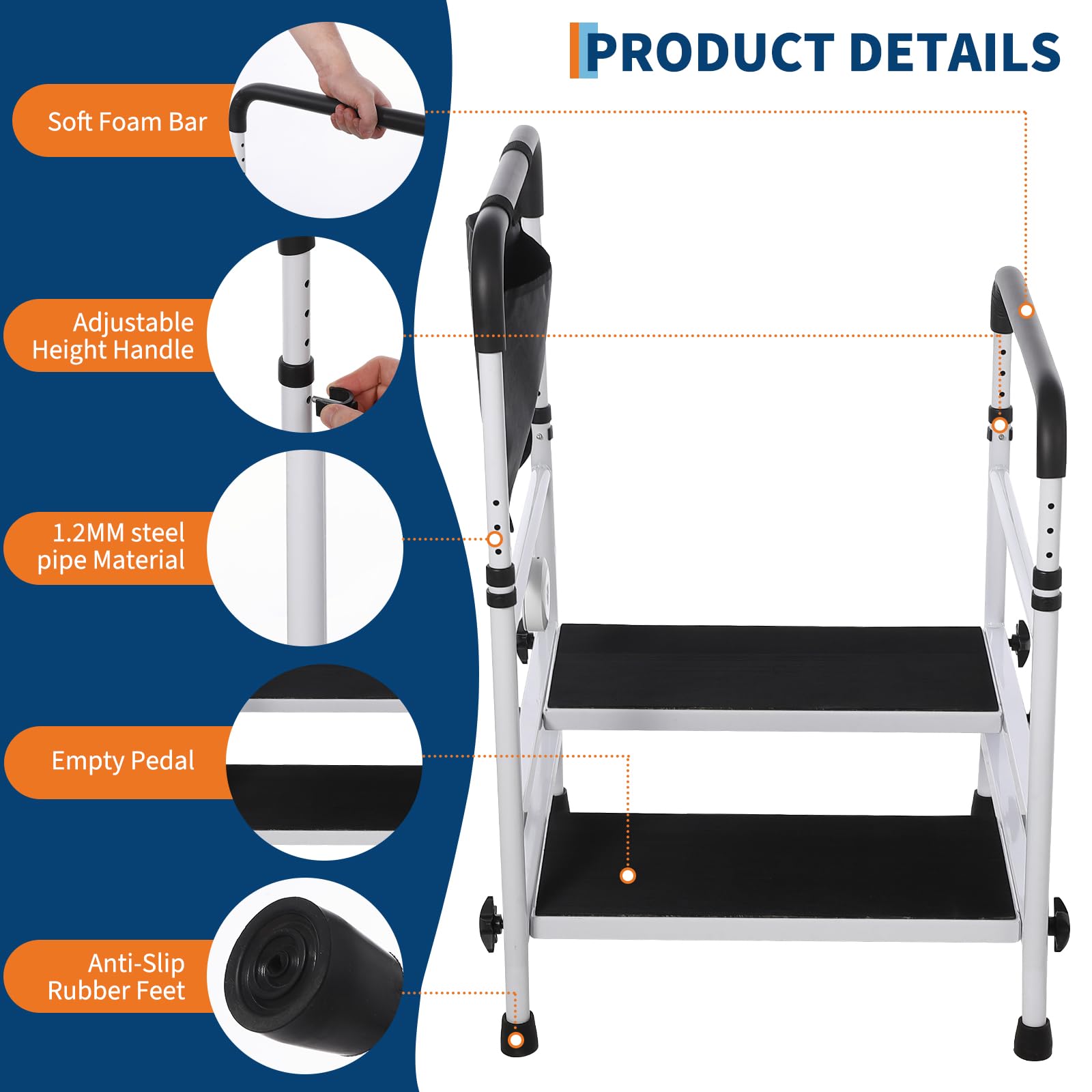 GarveeHome Robuster 2-Stufen Stahltritt Mit Verstellbarem Rutschfestem Geländer, 204 kg Tragfähigkeit, Bettnahe Mobilitätshilfe Für Senioren, ältere Oder Behinderte Personen, Schlafzimmer, Bad Küc